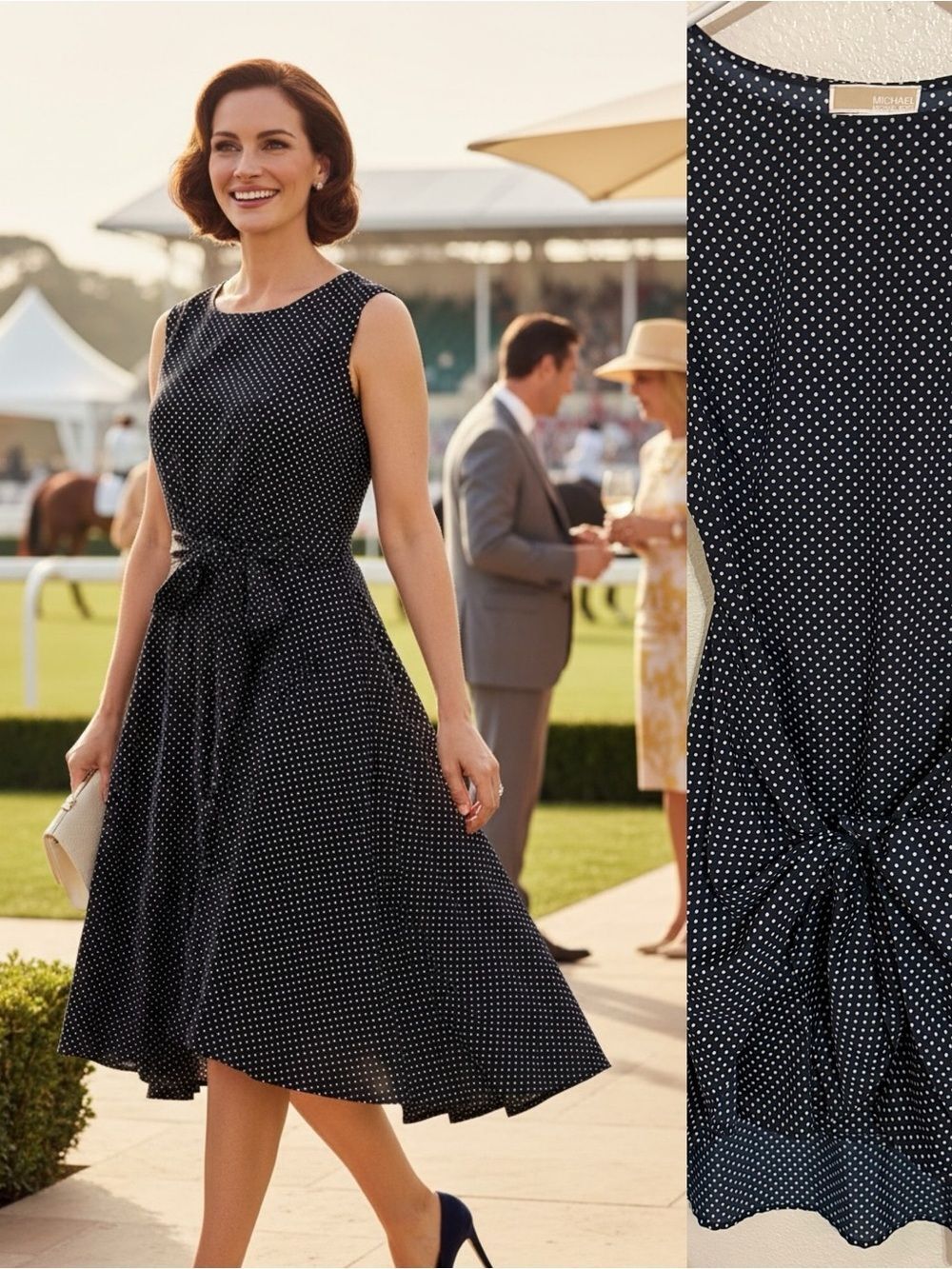 Michael Michael Kors Navy Polka Dot Sleeveless Tie‑Front Dress Size 6